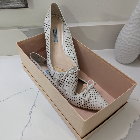 Prada Shoes - Prada White Perforated Leather Pointed-Toe Flats with Bow Accent
